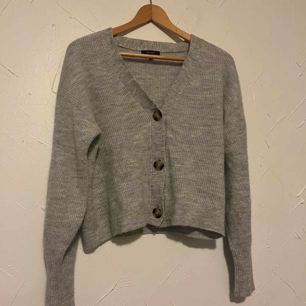 Quince Baby Alpaca Cardigan Light Gray Size Large Ribbed with Pointelle Detail - Picture 7 of 10